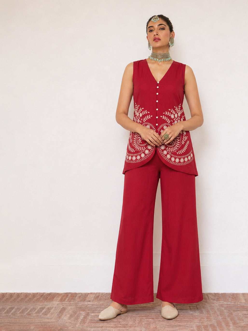 Red Embroidered Sleeveless Button Down Top With Palazzos-Shae by SASSAFRAS