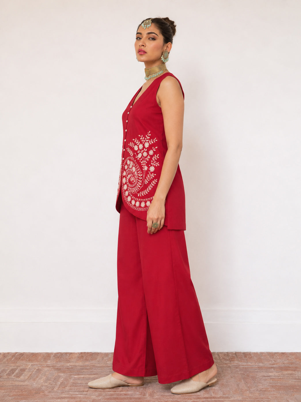 Red Embroidered Sleeveless Button Down Top With Palazzos-Shae by SASSAFRAS