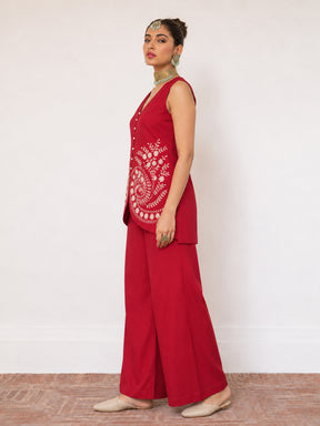 Red Embroidered Sleeveless Button Down Top With Palazzos-Shae by SASSAFRAS