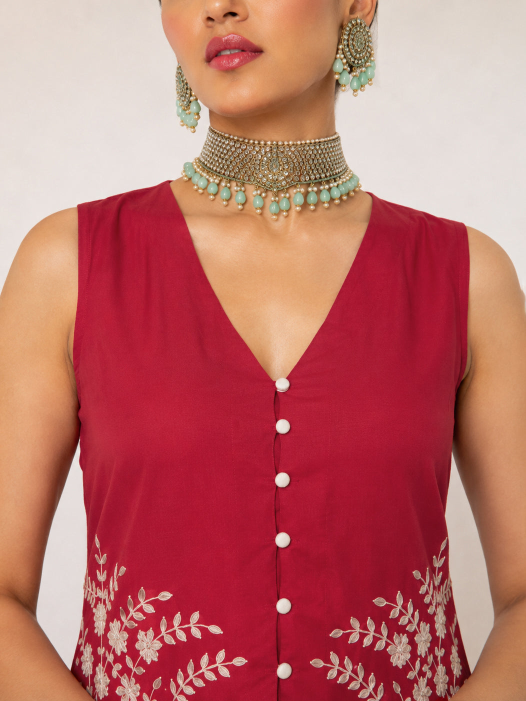 Red Embroidered Sleeveless Button Down Top With Palazzos-Shae by SASSAFRAS