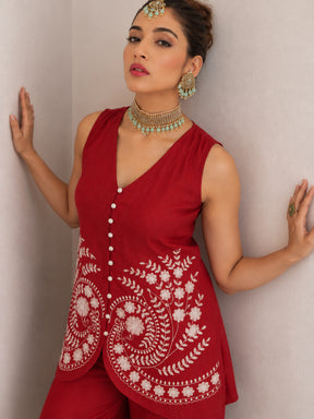 Women Red Embroidered Sleeveless Button Down Top With Palazzos