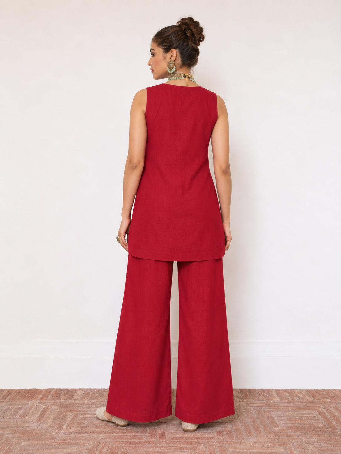 Women Red Embroidered Sleeveless Button Down Top With Palazzos