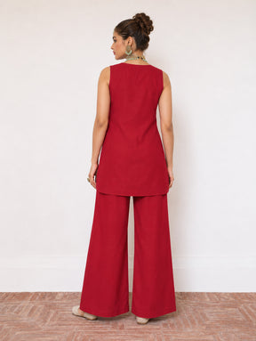 Women Red Embroidered Sleeveless Button Down Top With Palazzos