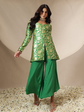 Green Brocade Full Sleeves Top With Flared Pants-Shae by SASSAFRAS