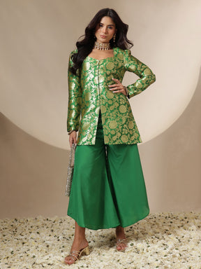 Green Brocade Full Sleeves Top With Flared Pants-Shae by SASSAFRAS