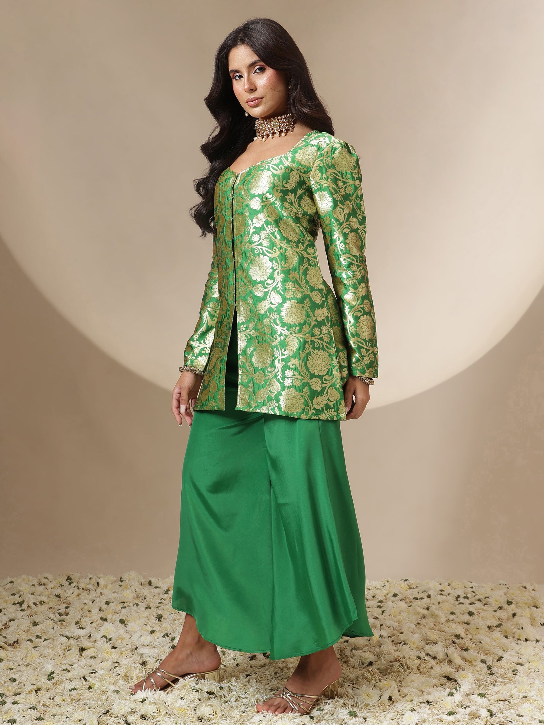 Green Brocade Full Sleeves Top With Flared Pants-Shae by SASSAFRAS