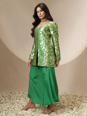 Green Brocade Full Sleeves Top With Flared Pants-Shae by SASSAFRAS