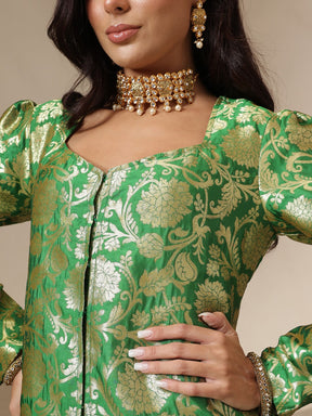 Green Brocade Full Sleeves Top With Flared Pants-Shae by SASSAFRAS