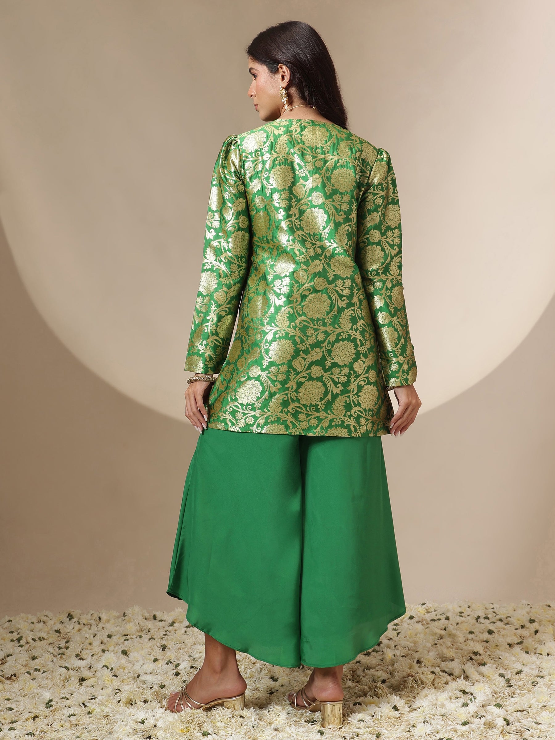 Women Green Brocade Full Sleeves Top With Flared Pants