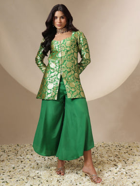 Women Green Brocade Full Sleeves Top With Flared Pants