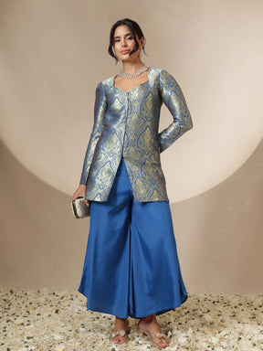 Royal Blue Brocade Full Sleeves Top With Flared Pants-Shae by SASSAFRAS