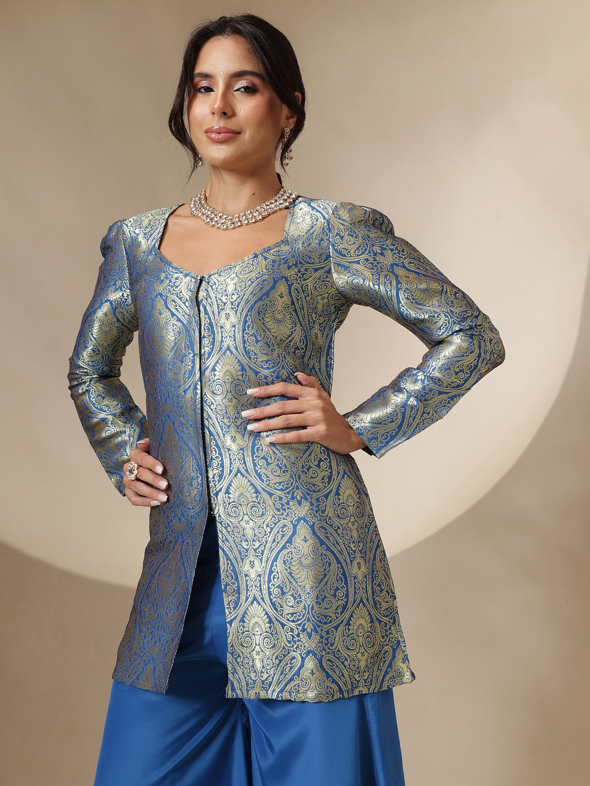 Royal Blue Brocade Full Sleeves Top With Flared Pants-Shae by SASSAFRAS