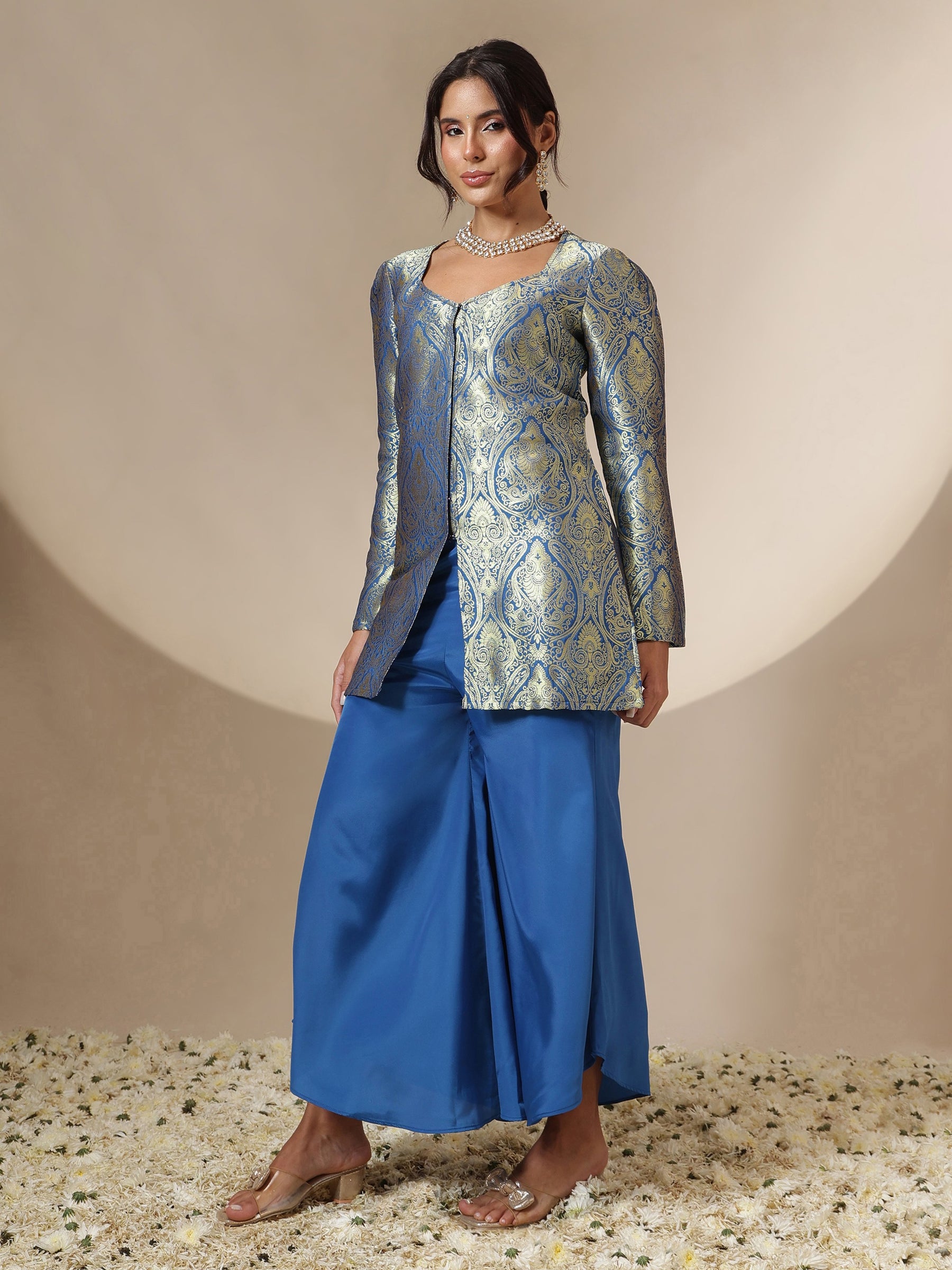 Royal Blue Brocade Full Sleeves Top With Flared Pants-Shae by SASSAFRAS