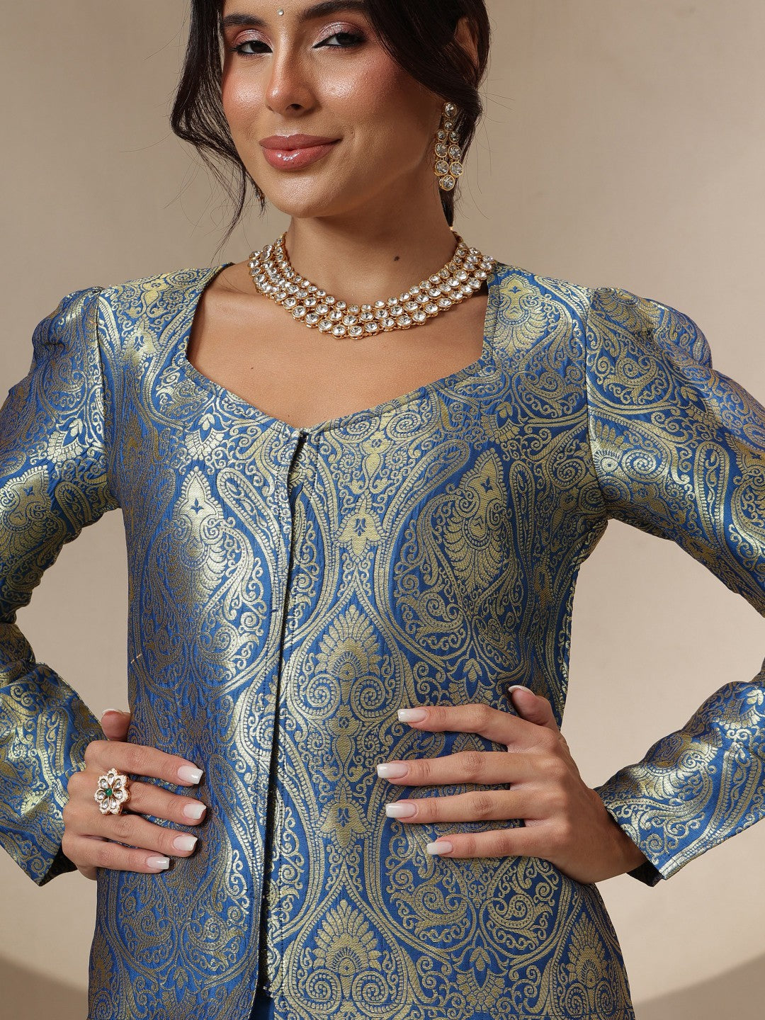 Royal Blue Brocade Full Sleeves Top With Flared Pants-Shae by SASSAFRAS