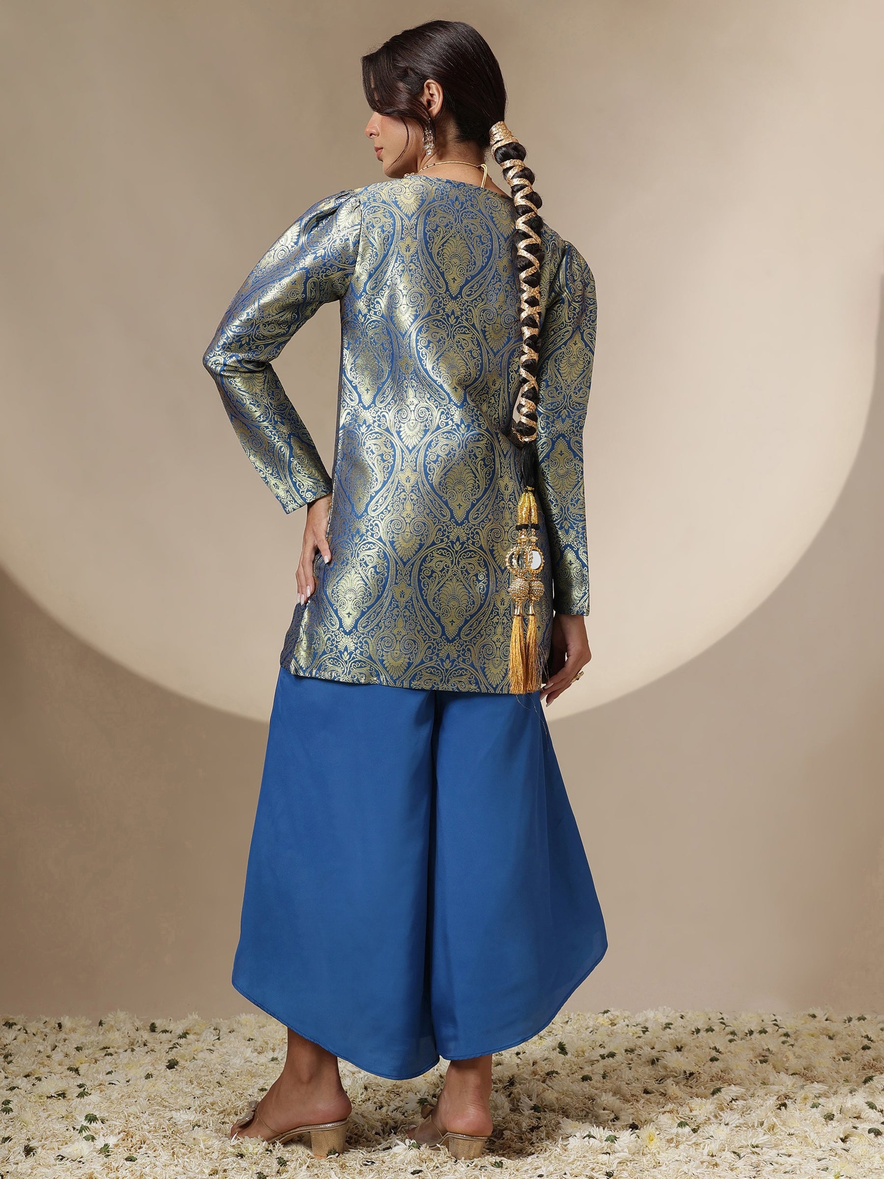 Women Royal Blue Brocade Full Sleeves Top With Flared Pants