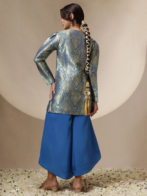 Women Royal Blue Brocade Full Sleeves Top With Flared Pants