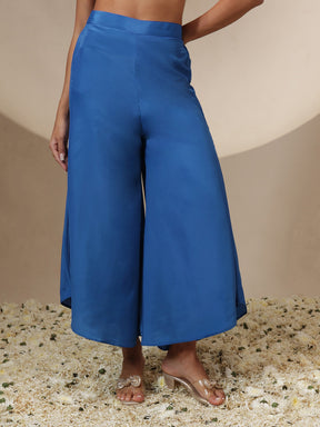 Women Royal Blue Brocade Full Sleeves Top With Flared Pants
