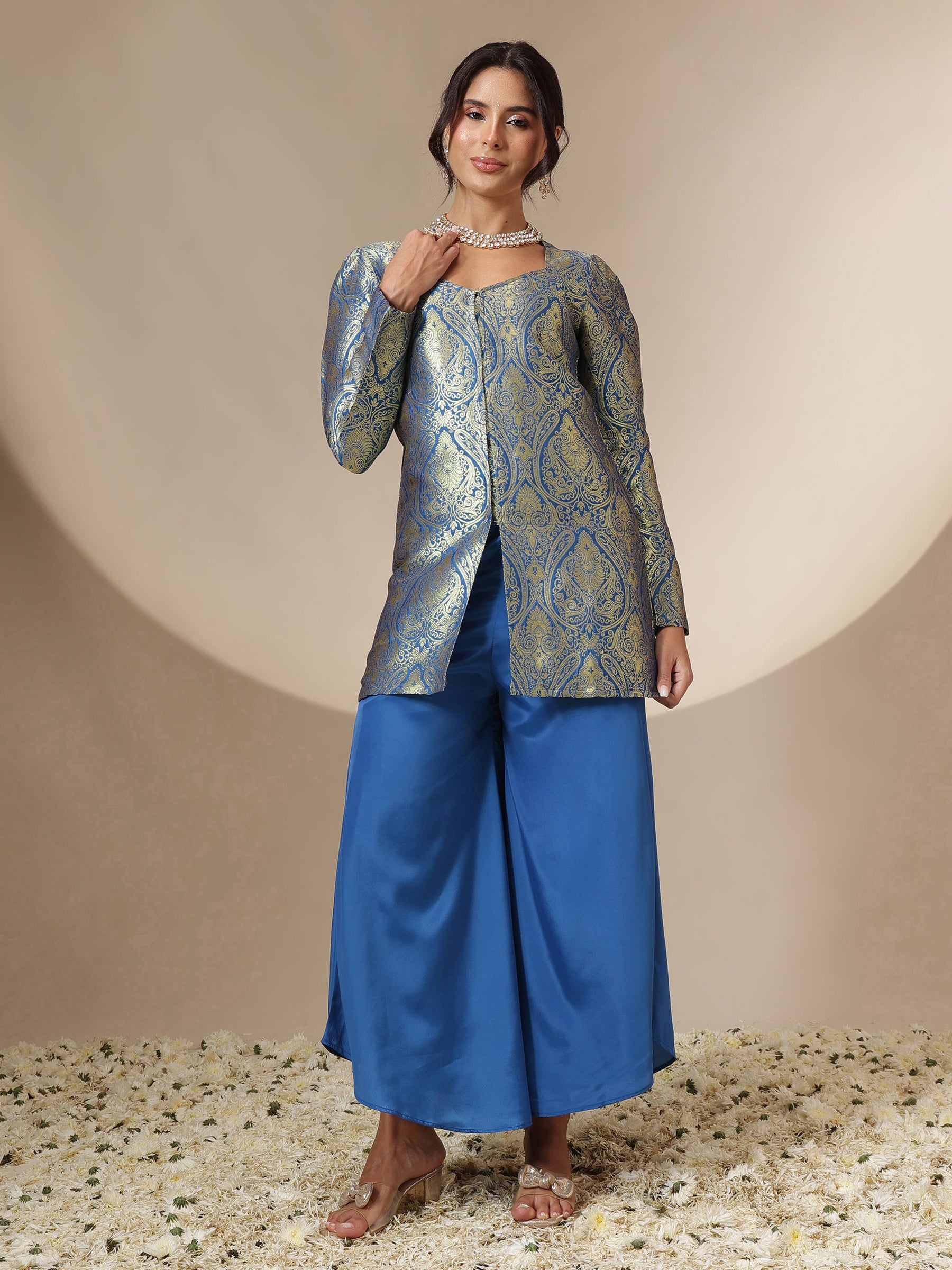 Women Royal Blue Brocade Full Sleeves Top With Flared Pants