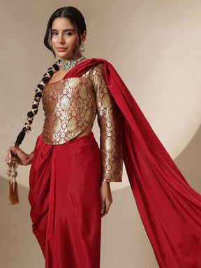 Maroon Brocade Corset Top With Drape Skirt Saree-Shae by SASSAFRAS