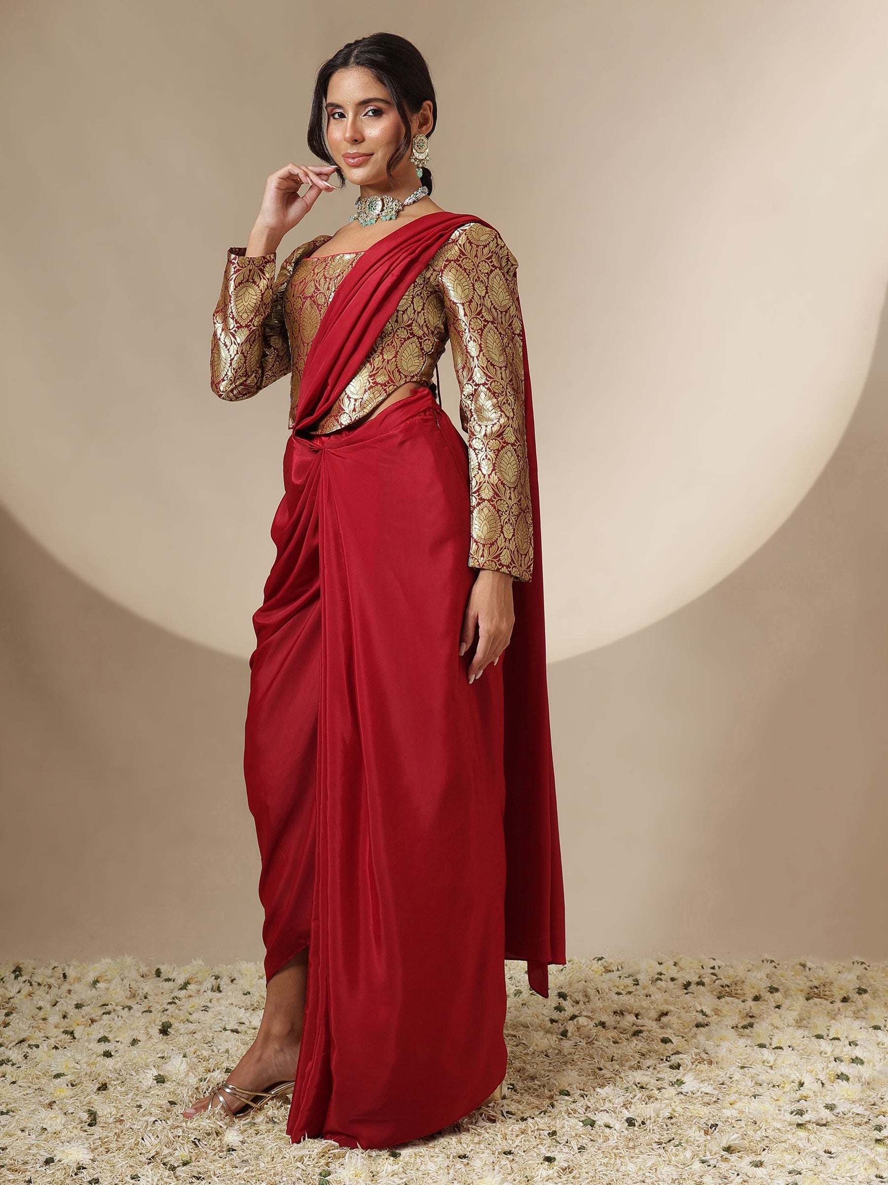 Maroon Brocade Corset Top With Drape Skirt Saree-Shae by SASSAFRAS