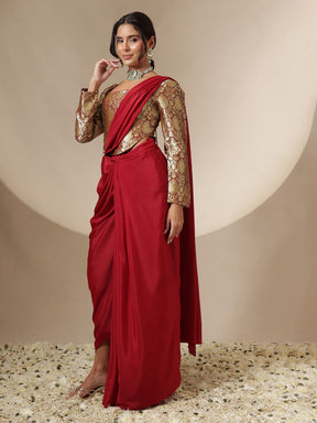 Maroon Brocade Corset Top With Drape Skirt Saree-Shae by SASSAFRAS