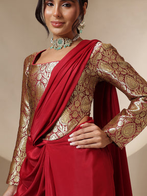 Maroon Brocade Corset Top With Drape Skirt Saree-Shae by SASSAFRAS