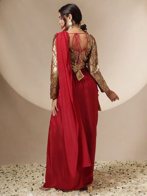 Women Maroon Brocade Corset Top With Drape Skirt Saree