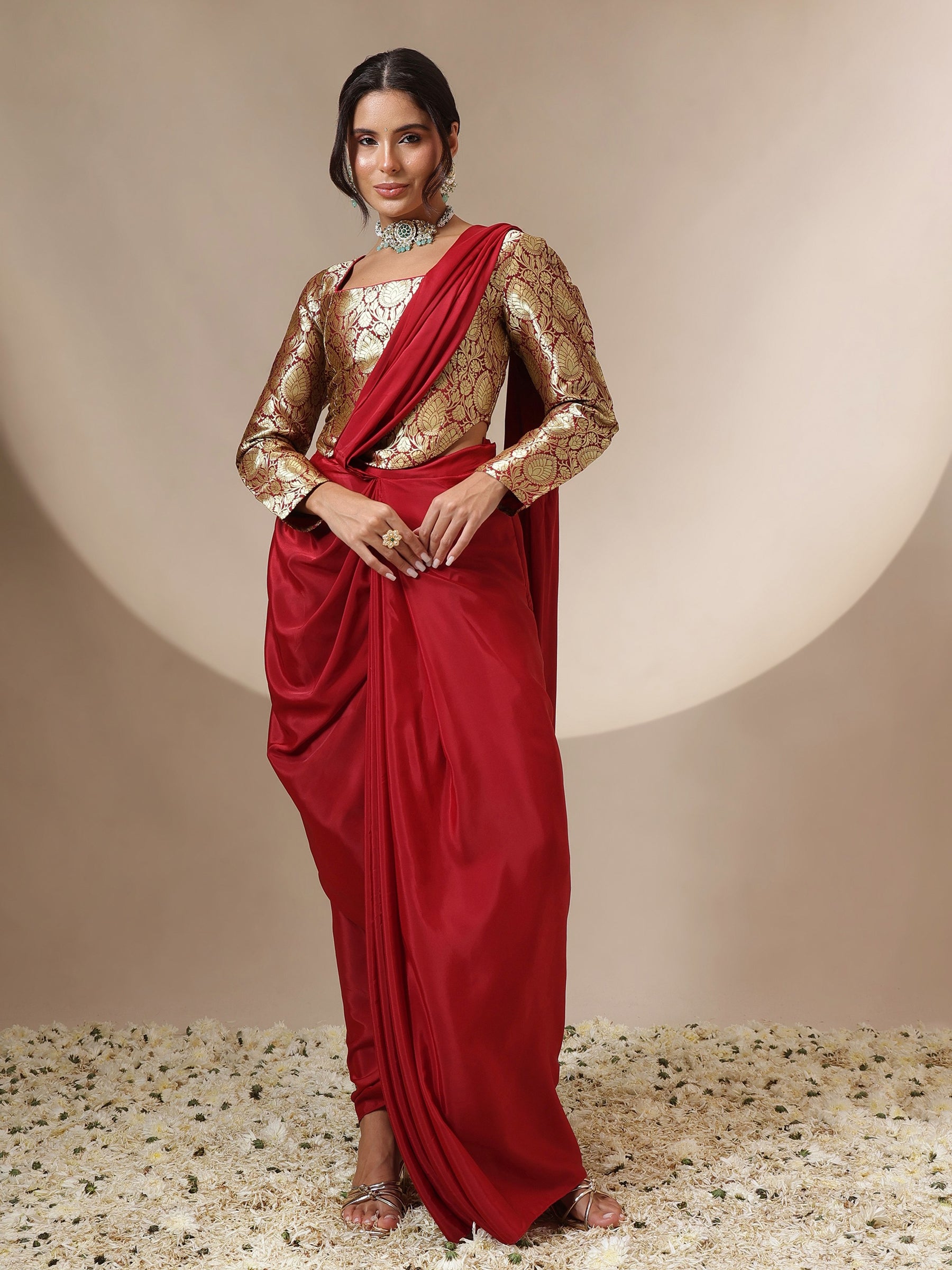Women Maroon Brocade Corset Top With Drape Skirt Saree