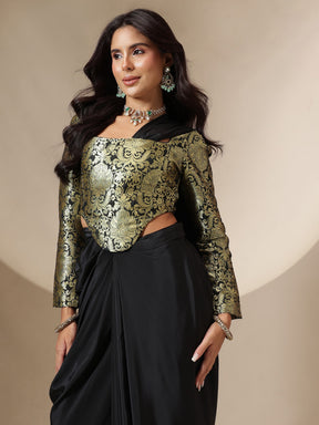 Black Brocade Corset Top With Drape Skirt Saree-Shae by SASSAFRAS