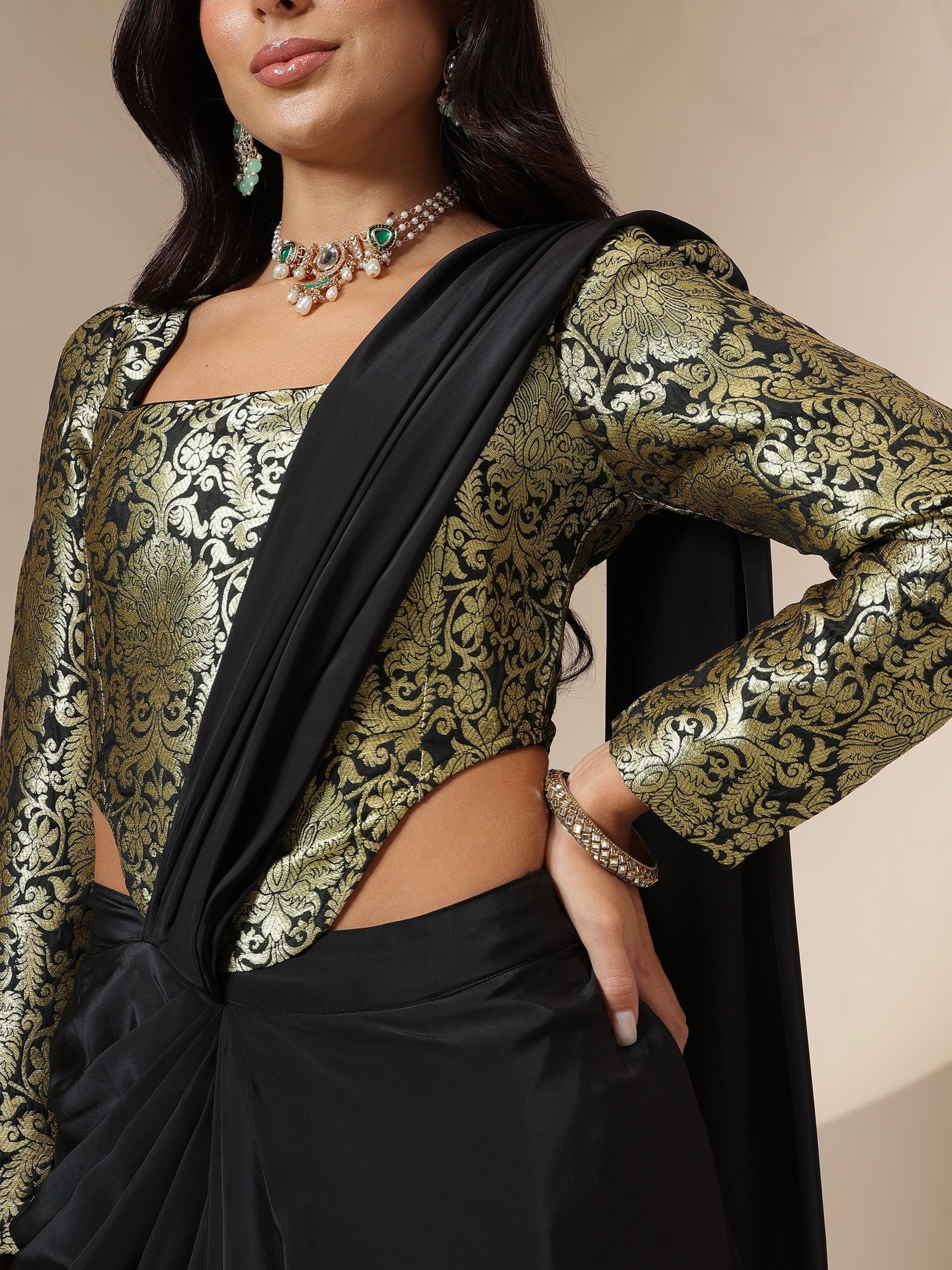 Black Brocade Corset Top With Drape Skirt Saree-Shae by SASSAFRAS