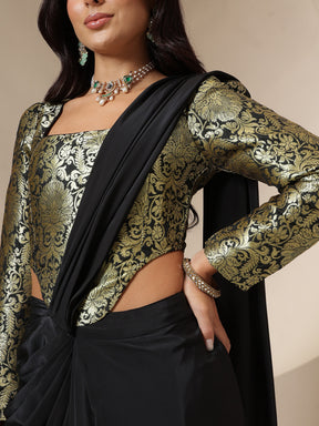 Black Brocade Corset Top With Drape Skirt Saree-Shae by SASSAFRAS