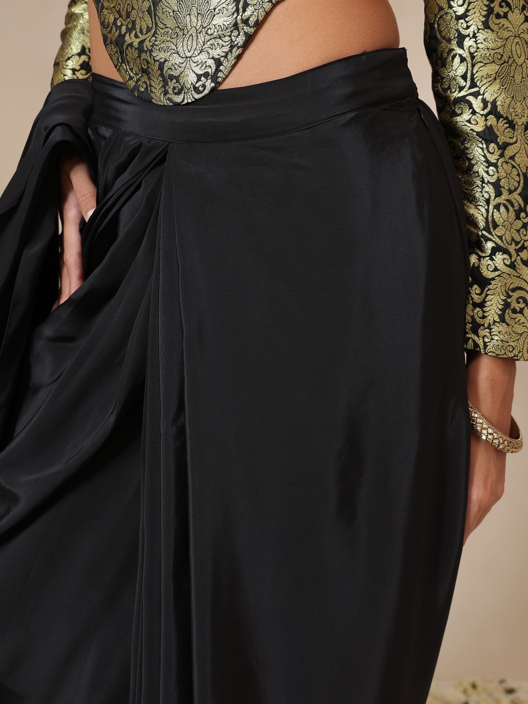 Women Black Brocade Corset Top With Drape Skirt Saree
