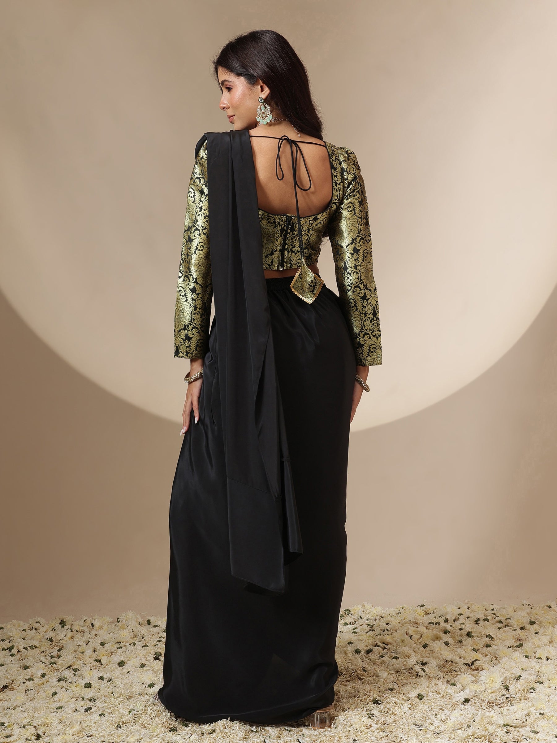 Women Black Brocade Corset Top With Drape Skirt Saree