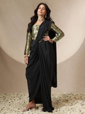 Women Black Brocade Corset Top With Drape Skirt Saree