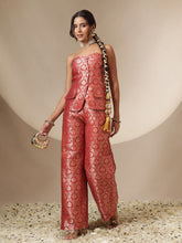 Red Brocade Corset Top With Straight Pants-Shae by SASSAFRAS