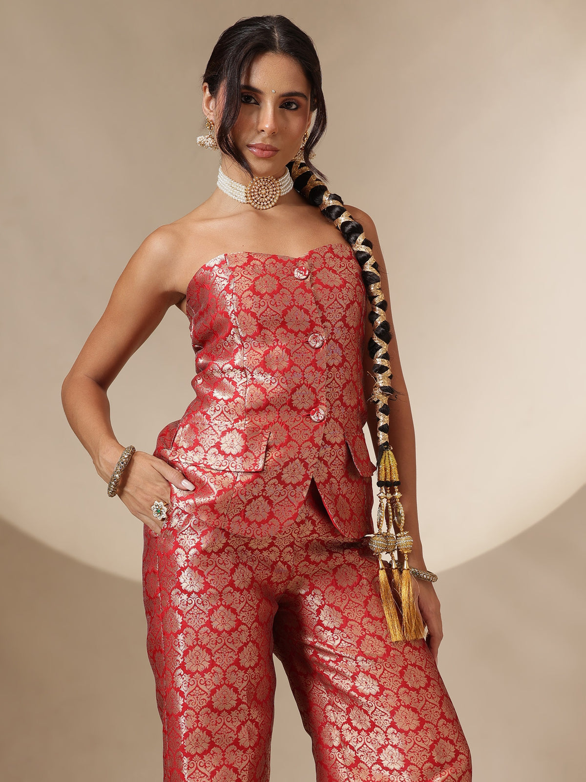Red Brocade Corset Top With Straight Pants-Shae by SASSAFRAS