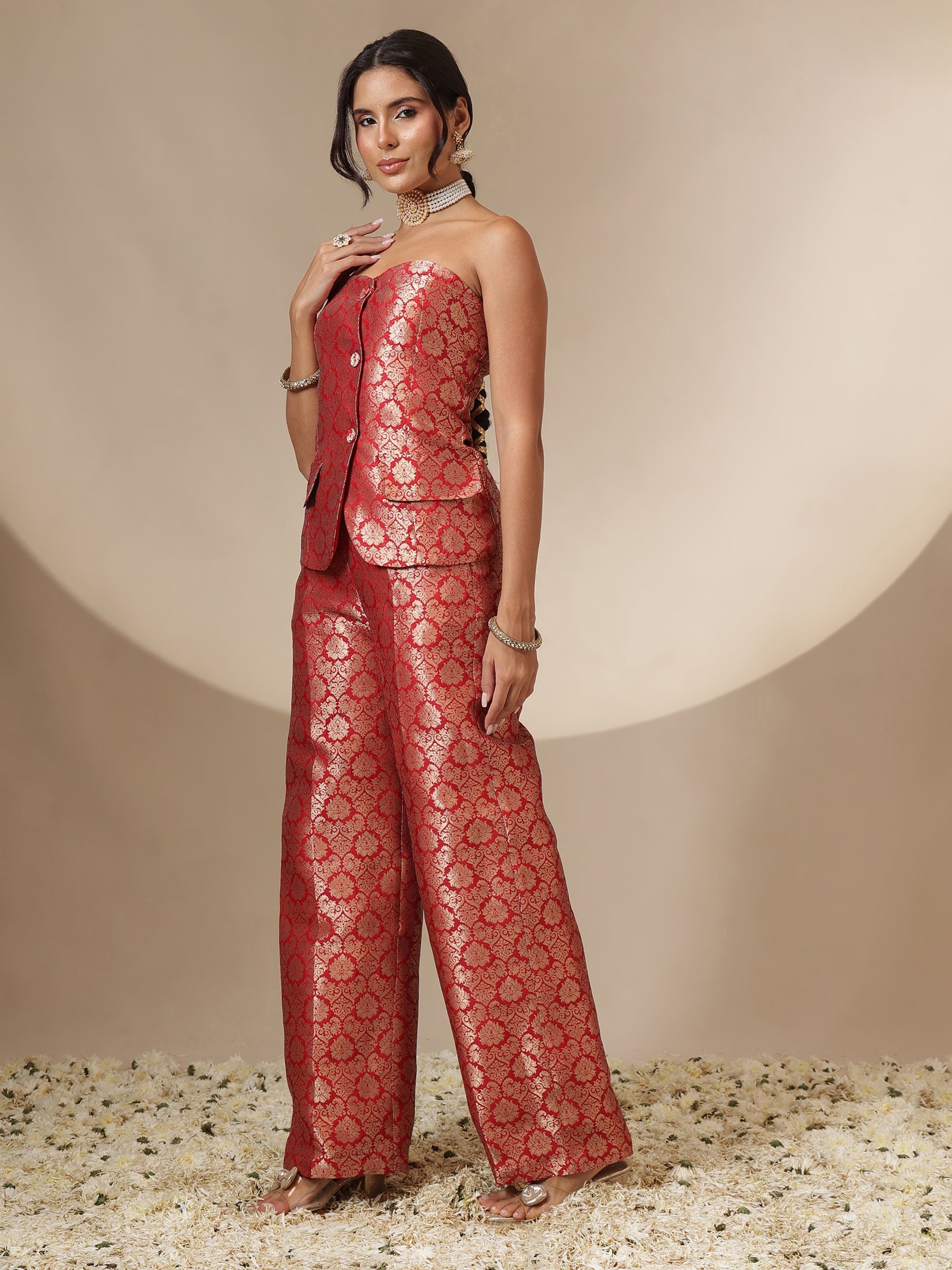 Red Brocade Corset Top With Straight Pants-Shae by SASSAFRAS