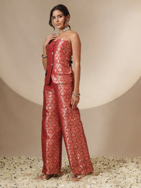 Red Brocade Corset Top With Straight Pants-Shae by SASSAFRAS