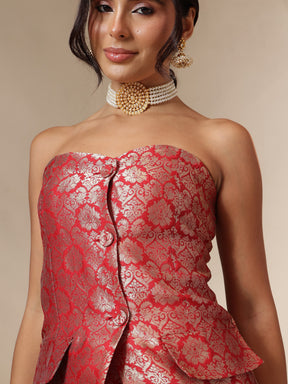 Red Brocade Corset Top With Straight Pants-Shae by SASSAFRAS
