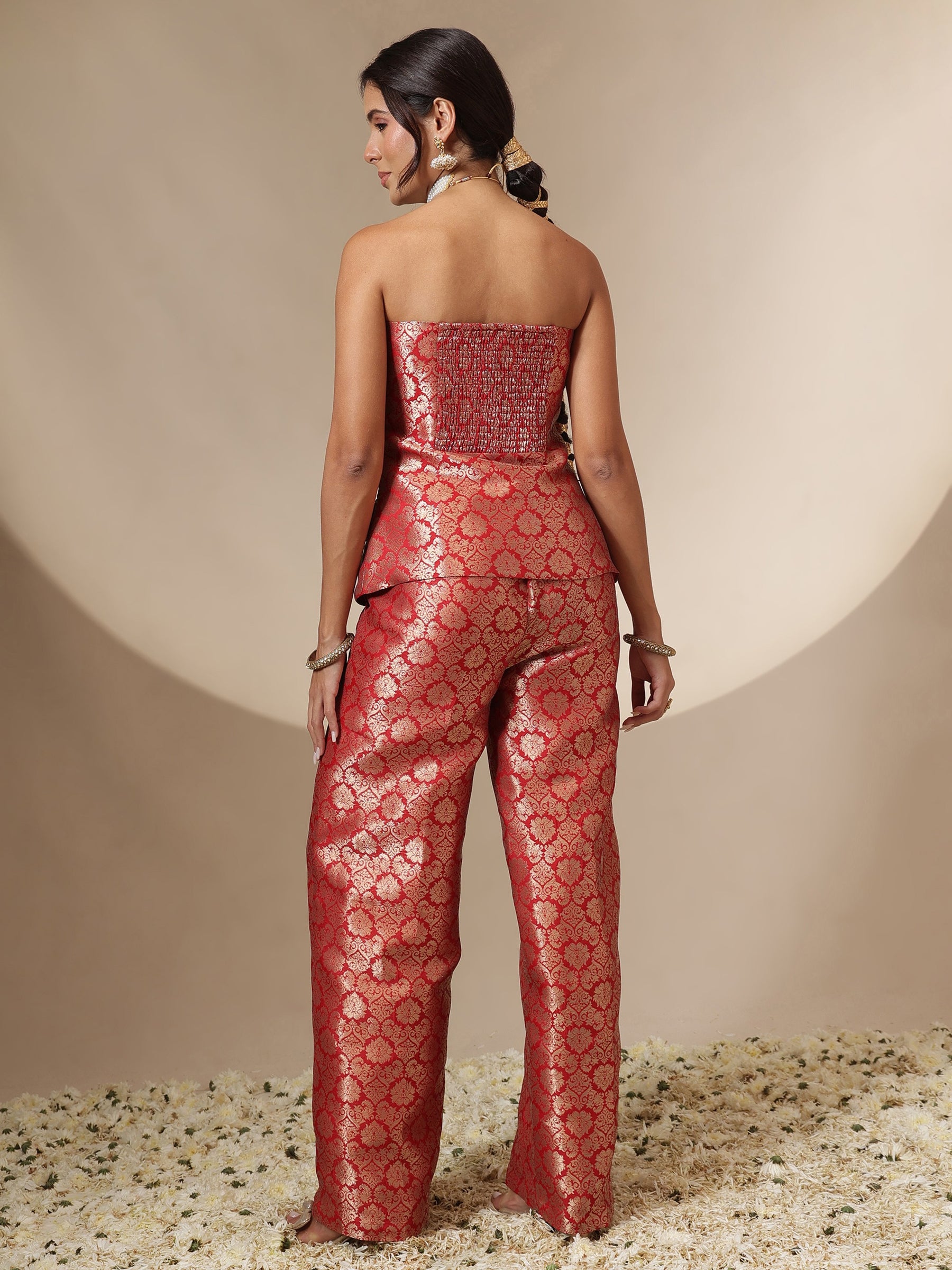 Women Red Brocade Corset Top With Straight Pants