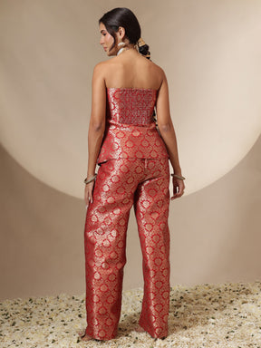 Women Red Brocade Corset Top With Straight Pants