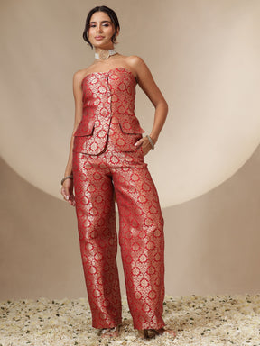 Women Red Brocade Corset Top With Straight Pants