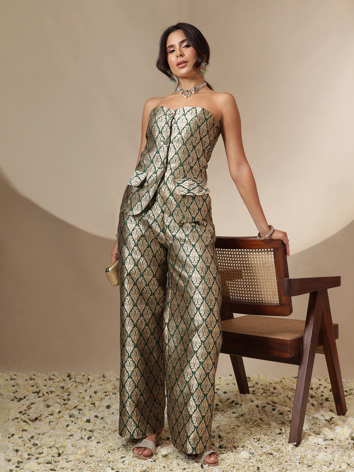 Emerald Green Brocade Corset Top With Straight Pants-Shae by SASSAFRAS
