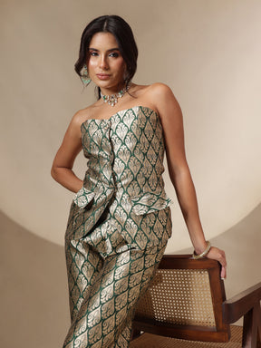 Emerald Green Brocade Corset Top With Straight Pants-Shae by SASSAFRAS