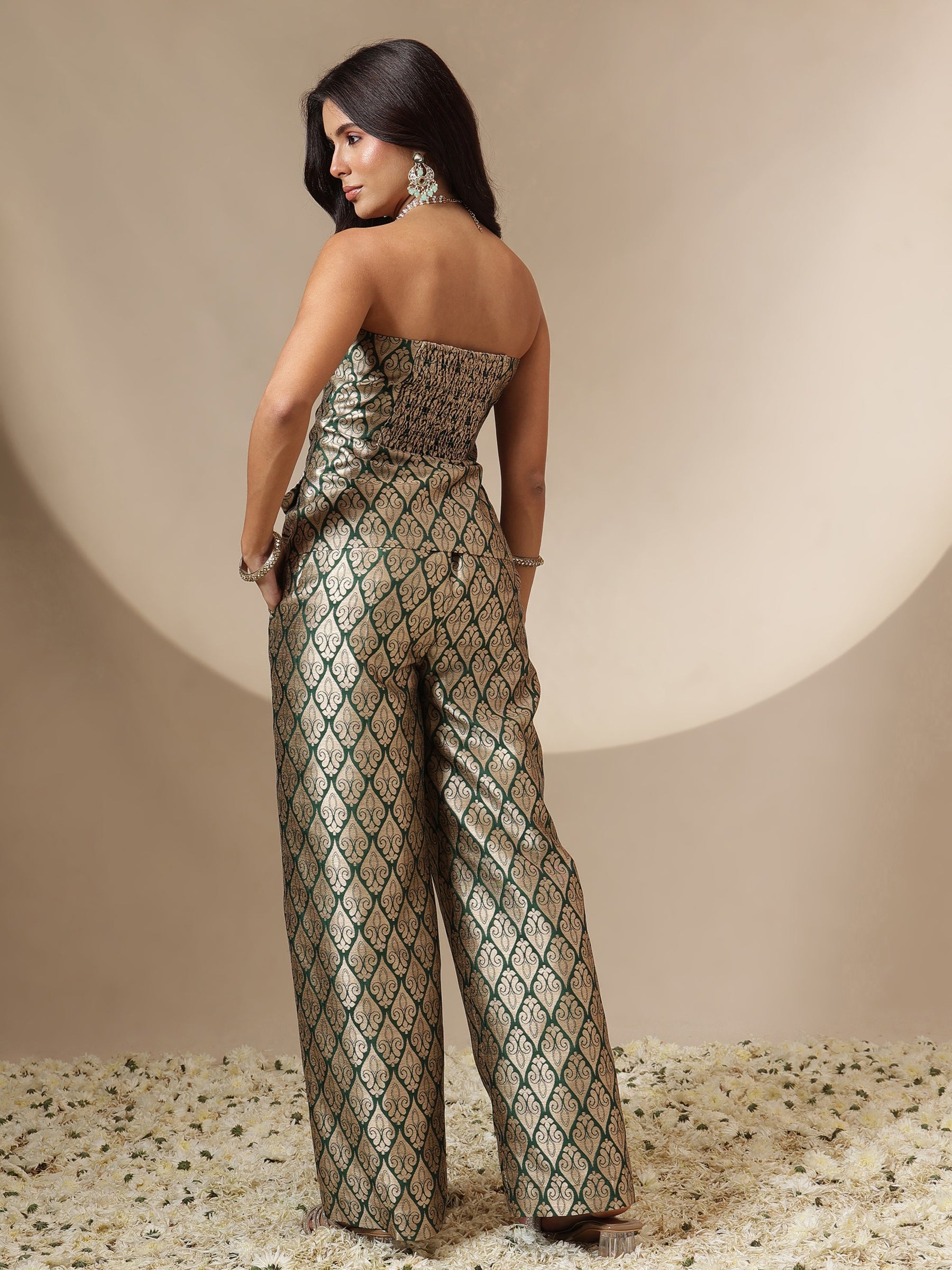 Women Emerald Green Brocade Corset Top With Straight Pants