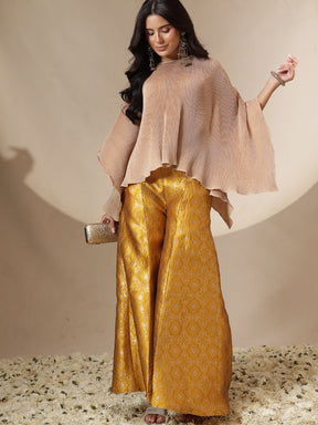 Yellow Brocade Pleating Kaftan Top With Palazzos-Shae by SASSAFRAS