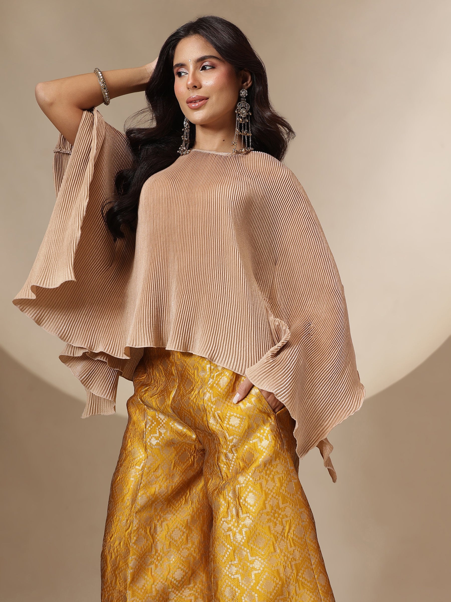 Yellow Brocade Pleating Kaftan Top With Palazzos-Shae by SASSAFRAS