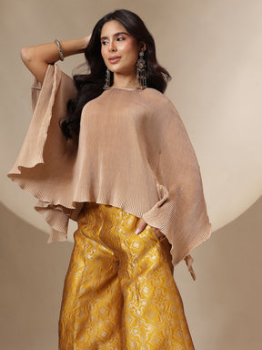 Yellow Brocade Pleating Kaftan Top With Palazzos-Shae by SASSAFRAS
