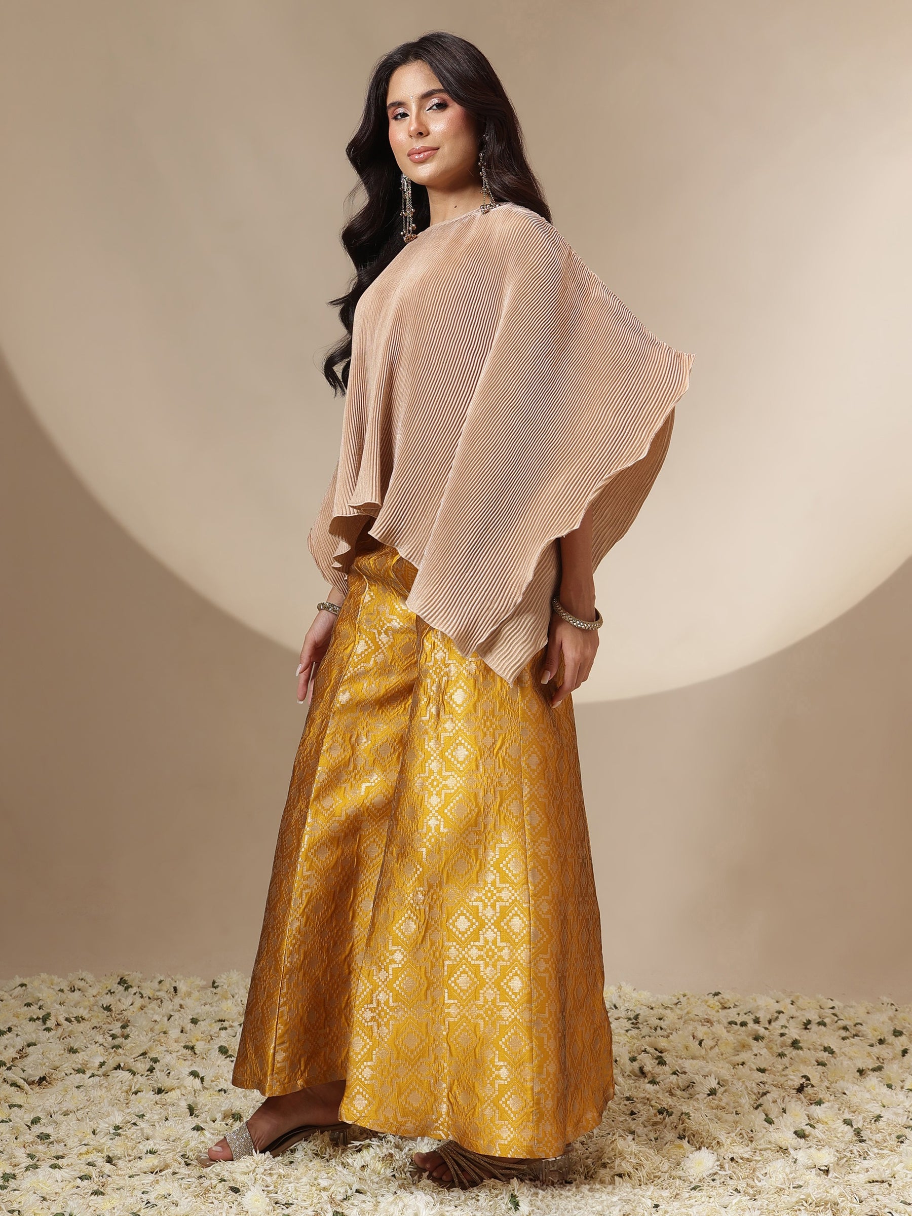 Yellow Brocade Pleating Kaftan Top With Palazzos-Shae by SASSAFRAS