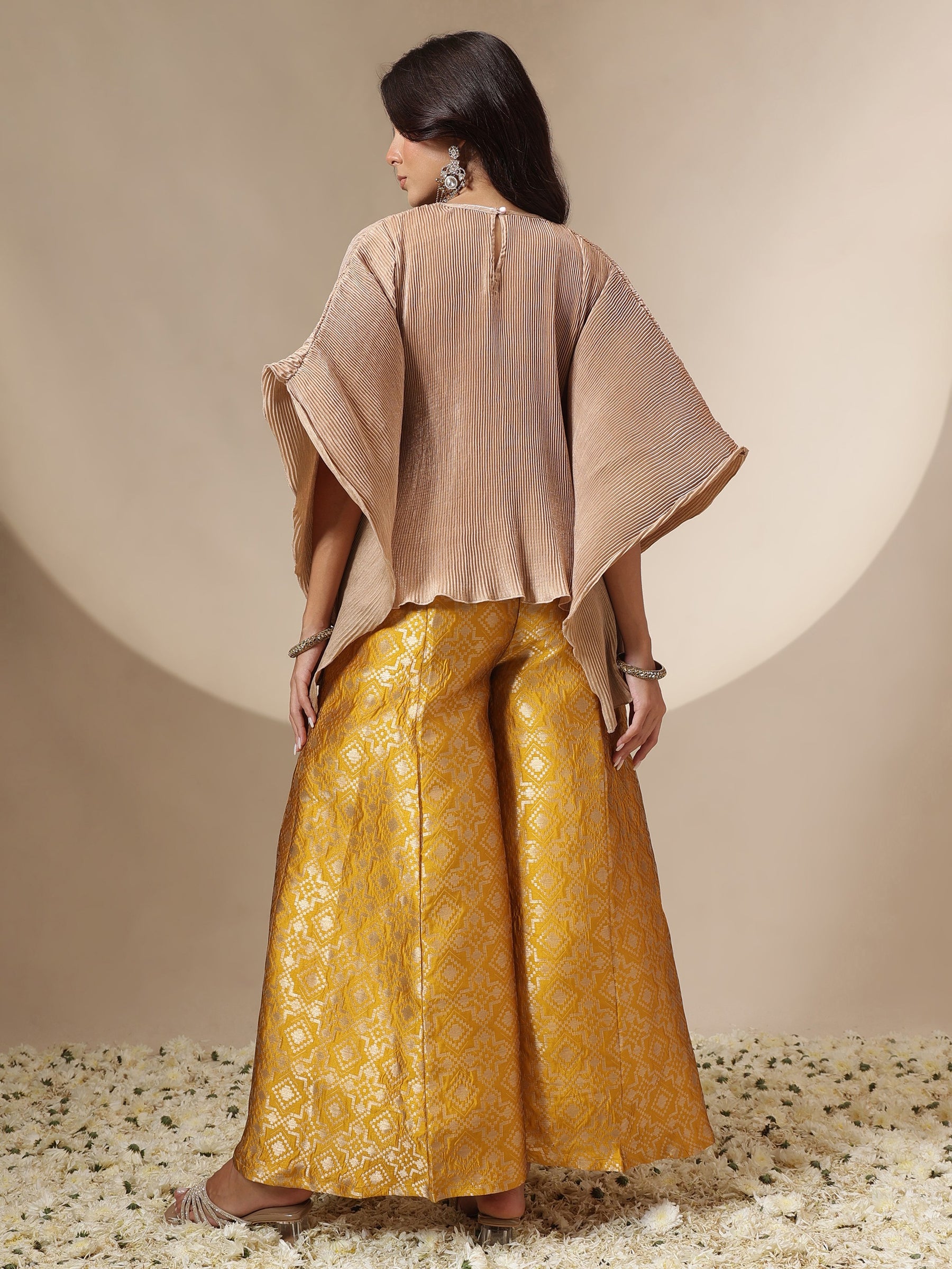 Women Yellow Brocade Pleating Kaftan Top With Palazzos